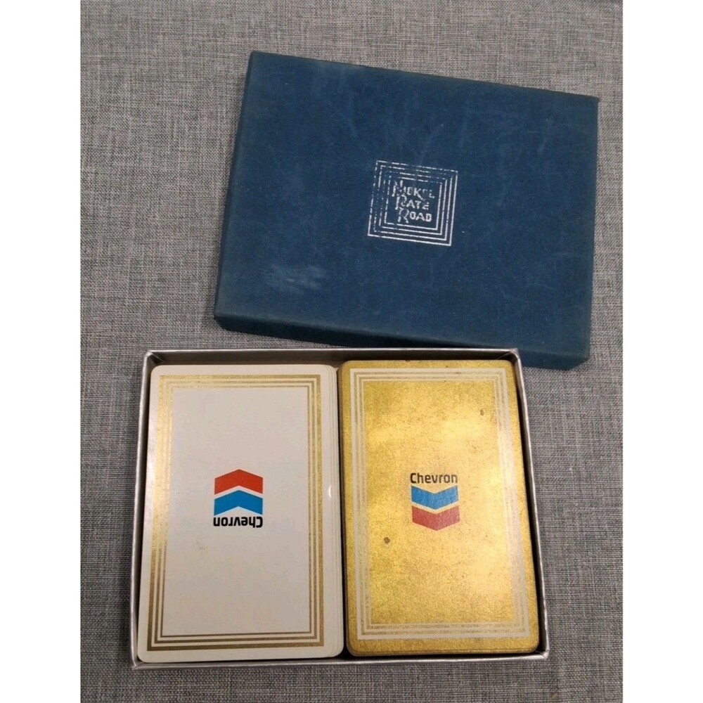 VTG Chevron Oil Double Deck Playing Cards in Nickel Plate Road Felt Lid Box
